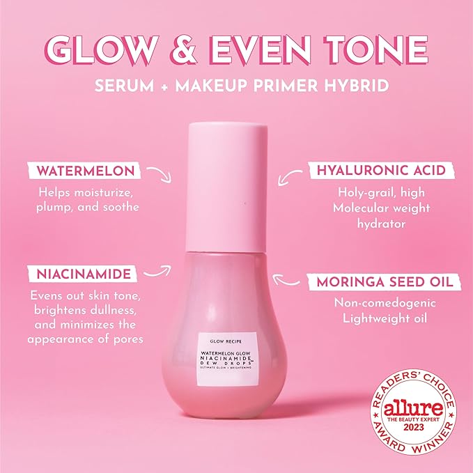 Glow Recipe Watermelon Niacinamide Dew Drops, Travel Size - Brightening, Plumping Hydrating Face Serum, Makeup Primer + Liquid Highlighter with Hyaluronic Acid - Dewy & Glowing Korean Skin Care (15ml)