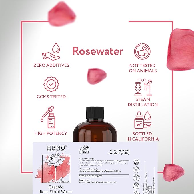 HBNO California Bottled Organic Rose Water for Face Huge 16 fl oz (480ml) Value Size - USDA Certified for Face - Pure Rose Water for Hair - Rosewater for Skincare, Haircare