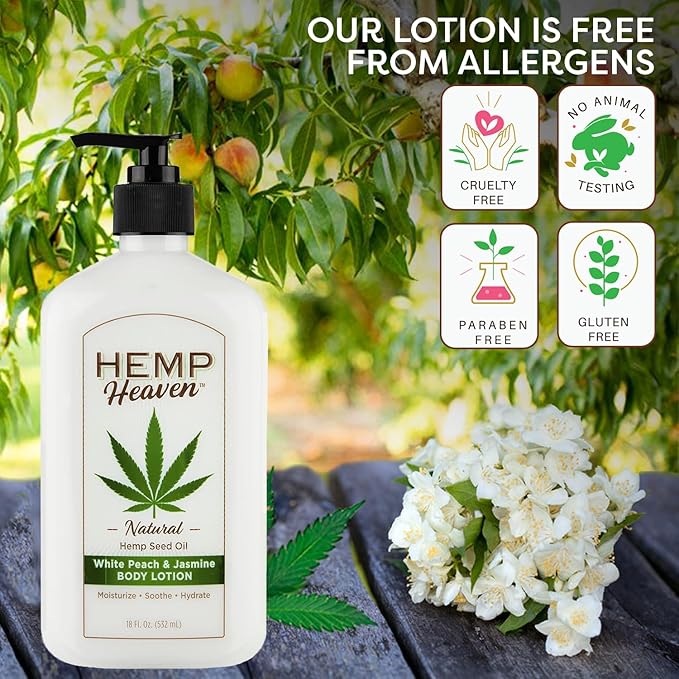 Hemp Heaven Lotion - Moisturizing Body Lotion with Natural Hemp Seed Oil & Peach & Jasmine Scent, 18 oz, Paraben-Free Hemp Lotion for Women & Men, Made in USA, Soothes & Nourishes