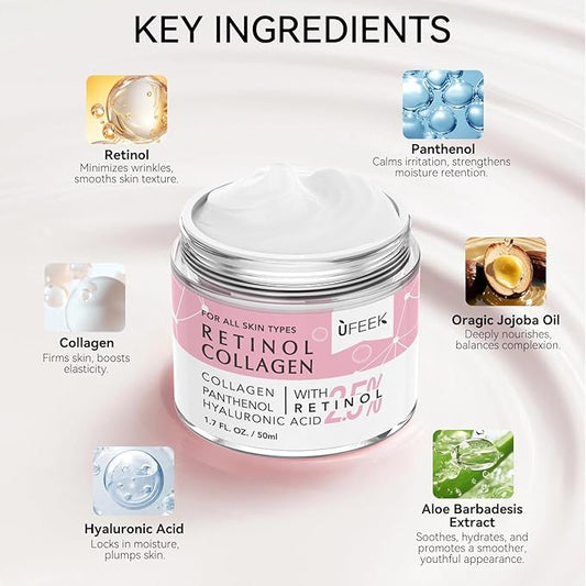 Retinol Face Moisturizer with Collagen & Hyaluronic Acid - Instant Face Lift Cream, Neck Cream for Tightening and Firming, Wrinkle Cream for Women and Men, 1.7 Fl Oz