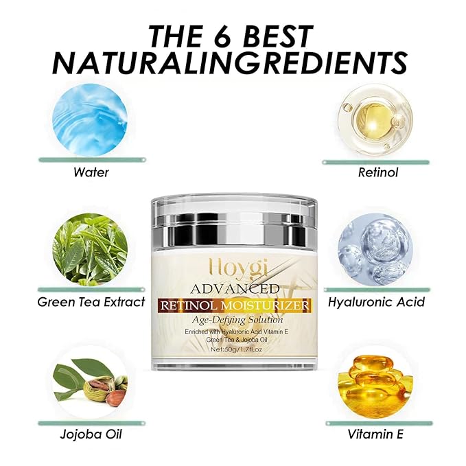 Advanced Retinol Moisturizer, Anti-Aging Cream with Hyaluronic Acid, Vitamin E, Green Tea & Jojoba Oil for Wrinkles, Hydrating and Improving Skin Elasticity - All Skin Type -1.7 Oz