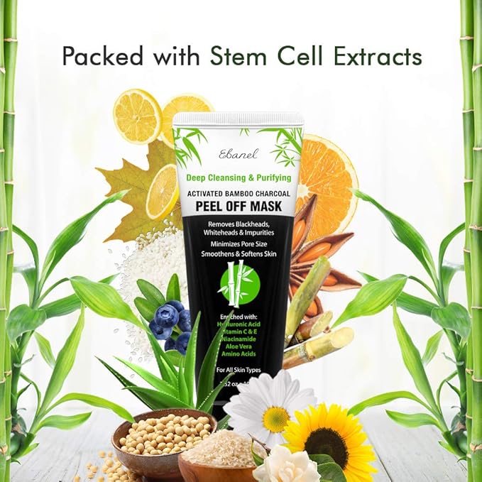 Ebanel Charcoal Peel Off Face Mask Applicator Set, Deep Pore Cleansing Minimizer Blackhead Remover with Niacinamide, Hyaluronic Acid, Vitamin C, Green Tea, Deep Cleanse Black Masks Peel Off Gel Mask