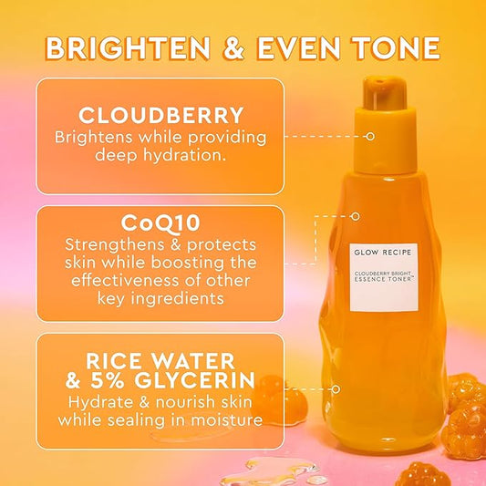 Glow Recipe Travel Size Cloudberry Brightening Toner + Essence Skincare-CoQ10 Face Toner to Strengthen Skin Barrier+Hydrating Rice Water, Vitamin C, E & 5% Glycerin to Soften & Even Skin Tone (30 ml)