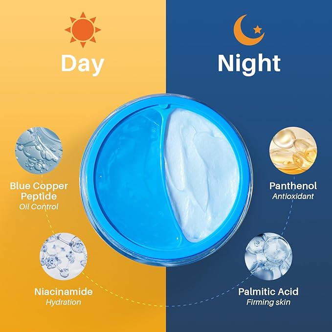 Day/Night Cream Set, Oil-Control Hydro Boost Day Gel with Blue Copper Peptide, Plumping Firming Renewal Night Cream with Panthenol, 2 in 1 Anti-aging Duo for All Skin, 2 * 1.7 Oz