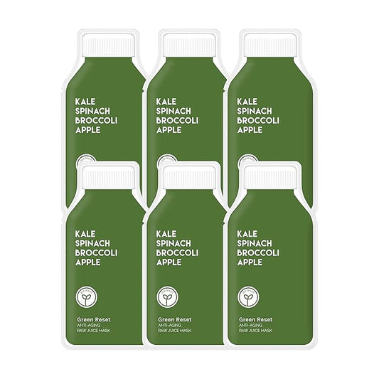 ESW Beauty Green Reset - Anti-Aging Raw Juice Face Mask (6-Pack) - Revitalizing with Kale, Spinach, Broccoli & Apple for Mature Skin - Boosts Collagen & Reduces Wrinkles