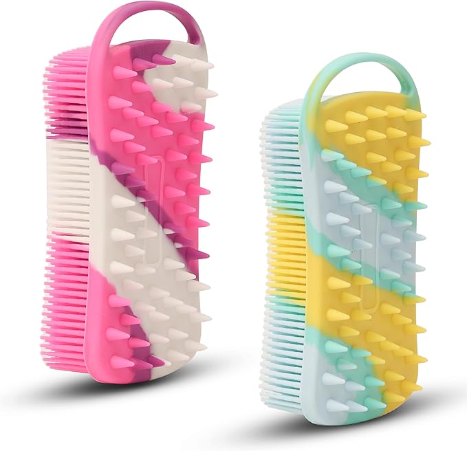 2 PC Silicone Body Scrubber, 2 in 1 Exfoliating Shower Bath Scrubber, Soft Silicone Loofah for Sensitive Skin, Shower Hair Scalp Massager, Easy to Clean, Lather Well (Purple & Yellow)