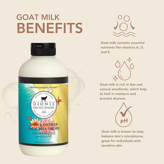 Dionis Goat Milk Skincare Water Flowers and Sea Salt Bath Soap & Liquid Shower Crème, Creamy Cruelty Free, Paraben Free Hydration Body Wash Cleanser, Soap Moisturizer For Sensitive Skin, 14.5oz Bottle
