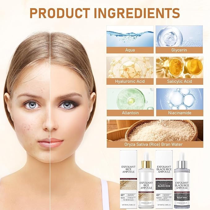 Rice Exfoliant Ampoule Duo, Black and White Face Peeling Solution, Moisturizing Pore Minimizer, 2-Pack, 100ml