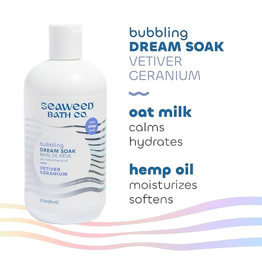 Seaweed Bath Co. Bubbling Dream Soak, Vetiver Geranium Scent, 12 Ounce, Sustainably Harvested Seaweed, Oat Milk, Hemp Oil