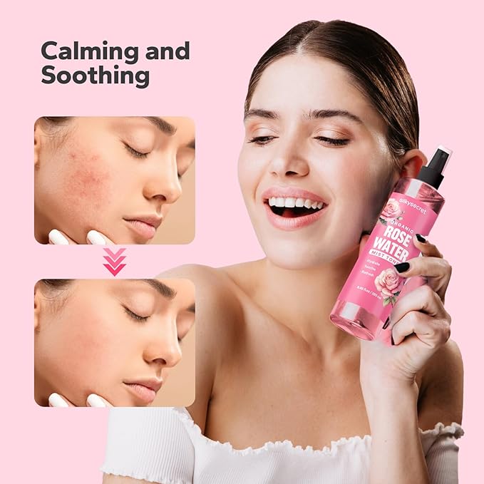 Organic Rose Water Spray (8.45 Fl Oz), Rosewater Spray for Face & Hair, Rose Water for Skin Care