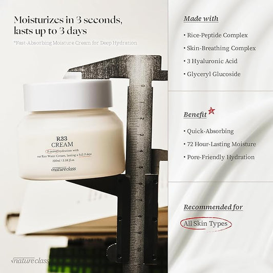 R33 Moisturizing Facial Cream with Rice-Peptide & Skin-Breathing Complex – Fast Absorbing Hydration, 72-Hour Lasting Moisture, Non-Comedogenic, Korean Skincare 3.38 fl.oz.