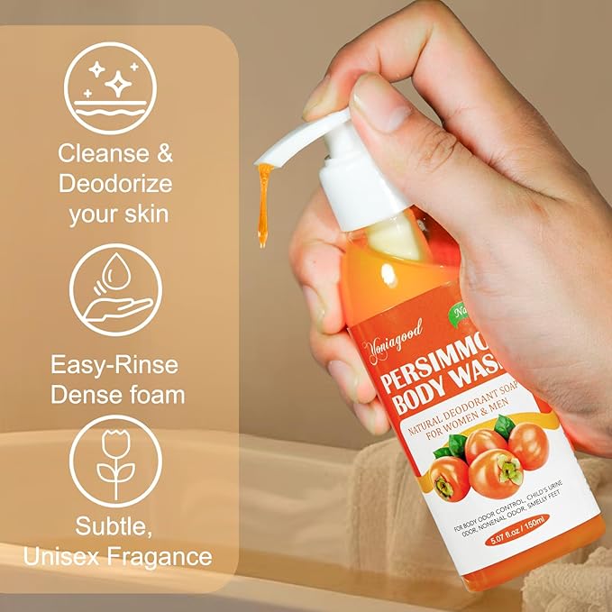 2 PCS Persimmon Body Wash for Strong Odor Control, Natural Persimmon Soap Bar Old People Smell Remover, Smelly Feet Deodorant Body Odor Eliminator, Body Wash Gel for Women & Men
