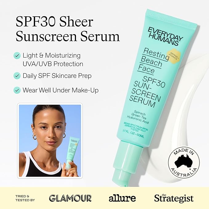 Everyday Humans SPF30 Resting Beach Face Sunscreen Serum for Women, 1.7oz PA +++ | Sheer, Light Glow Finish with Hyaluronic Acid | Make-Up Primer Face SPF Moisturizer For All Skin Types
