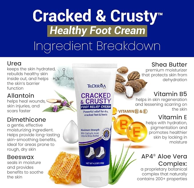 TriDerma Cracked & Crusty™ Healthy Foot Cream Moisturizes, Softens and Heals Dry Feet, Cracked Heels and Dry Elbows with Salicylic Acid, Urea, Shea Butter, AP4 Aloe and Vitamins, 4.2 Ounces