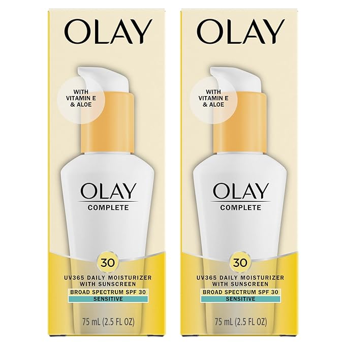 Olay Face Moisturizer, Complete with Sunscreen SPF 30, Fragrance-Free for Sensistive Skin, Broad Spectrum Sun Protection, Long-Lasting Hydration, Non-Comedogenic - Vitamin E & Aloe - 2.5 Oz - 2 Pack