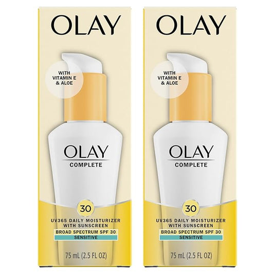 Olay Face Moisturizer, Complete with Sunscreen SPF 30, Fragrance-Free for Sensistive Skin, Broad Spectrum Sun Protection, Long-Lasting Hydration, Non-Comedogenic - Vitamin E & Aloe - 2.5 Oz - 2 Pack