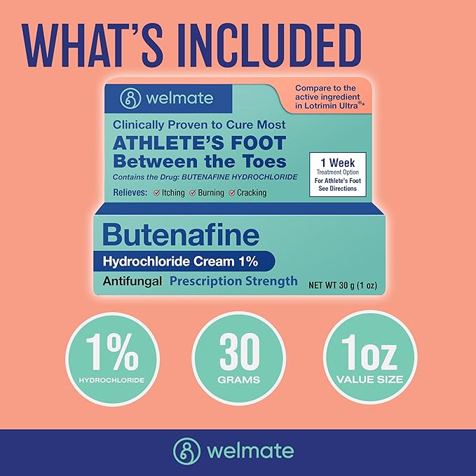 WELMATE - Athletes Foot Treatment Extra Strength - Antifungal Cream - Butenafine Hydrochloride - Relief from Ringworm, Athlete's Foot & Jock Itch - Foot Care - Nail Fungus Treatment for Toenail - 1oz