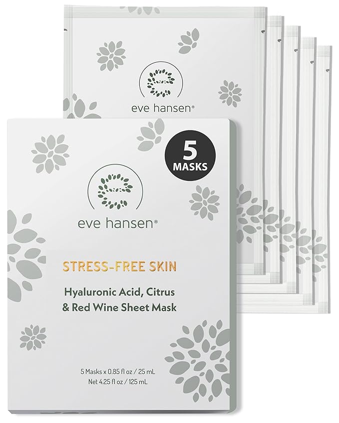 Eve Hansen Collagen Face Mask Sheets Set of 5 – Hydrating & Nourishing Care for All Skin Types – With Hyaluronic Acid, Tangerine Peel, Blueberry Extract & Spinach Leaf