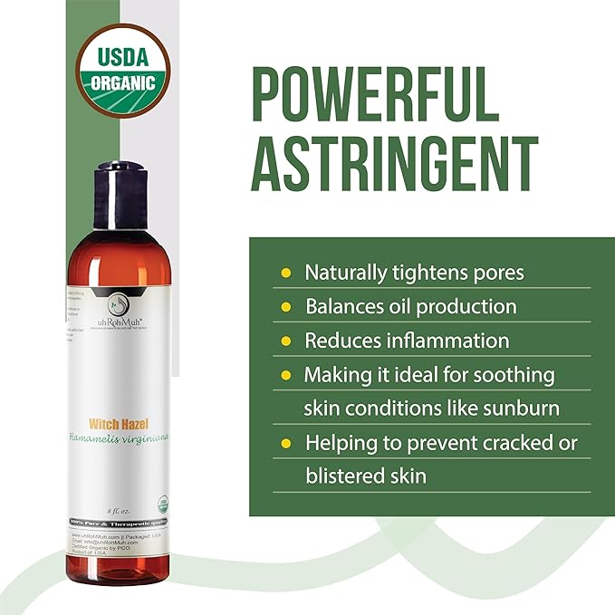Organic Witch Hazel – 100% Pure Natural USP Astringent with 14% Alcohol | Hamamelis Virginiana Extract for Face, Skin, Hair & Wellness | Bulk & Gallon Options | 8 fl oz