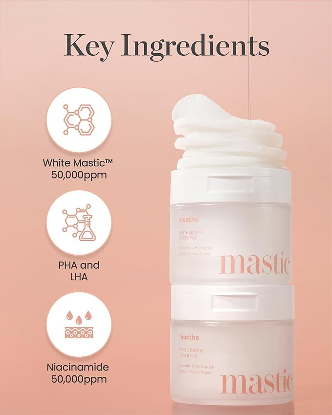 MASTINA White Mastic Toner Pad (60 Count) 100% Vegan Cotton Rounds. Improve Skin Texture & Remove Residual Impurities