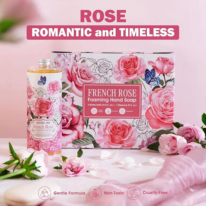 Rose Foaming Hand Soap Refill Gift Set – 3 Pack (33.8 Fl Oz Each) with Refillable Dispenser, Romantic Floral Scent, Moisturizing & Biodegradable for Bathroom, Kitchen, Sensitive Skin