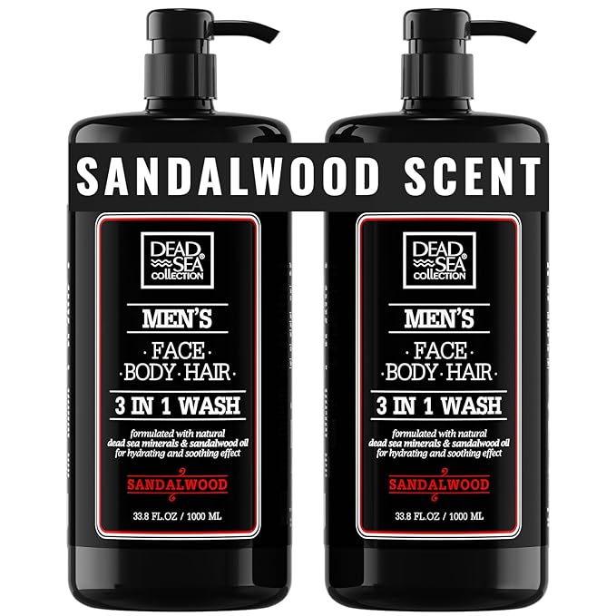 Dead Sea Collection Mens Body Wash 3 in 1 – Sandalwood Body Wash for Men – Shower Gel – Shampoo – Shower Soap for Face and Hair – Pack of 2 Bottles (33.8 Fl. Oz. Each)