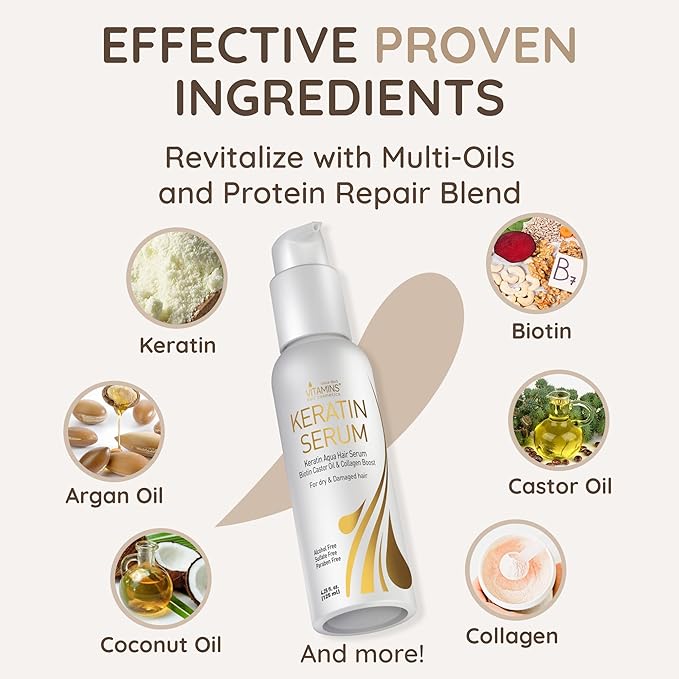VITAMINS hair cosmetics Keratin Hair Serum for Frizzy and Damaged Hair - Anti Frizz Serum with Biotin, Castor Oil & Collagen for Heat Protection, Shine and Gloss Treatment - 4.25 Fl Oz