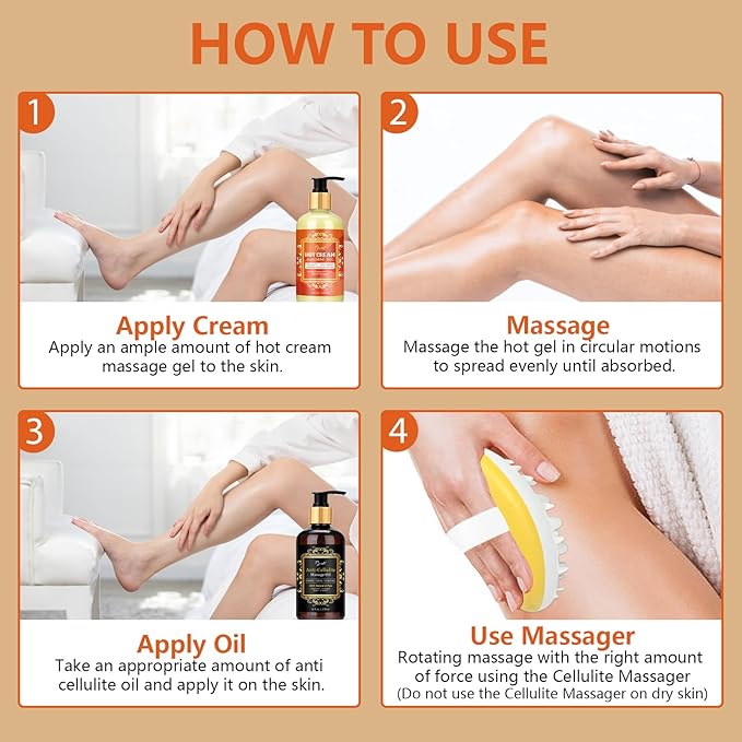 Anti Cellulite Massage Oil & Hot Cream Set with Massager, Natural Cellulite Remover, Oil & Massager for Legs Arms and Butt, Firm, Tighten & Moisturize Skin Soothes Muscles (8 Fl Oz)