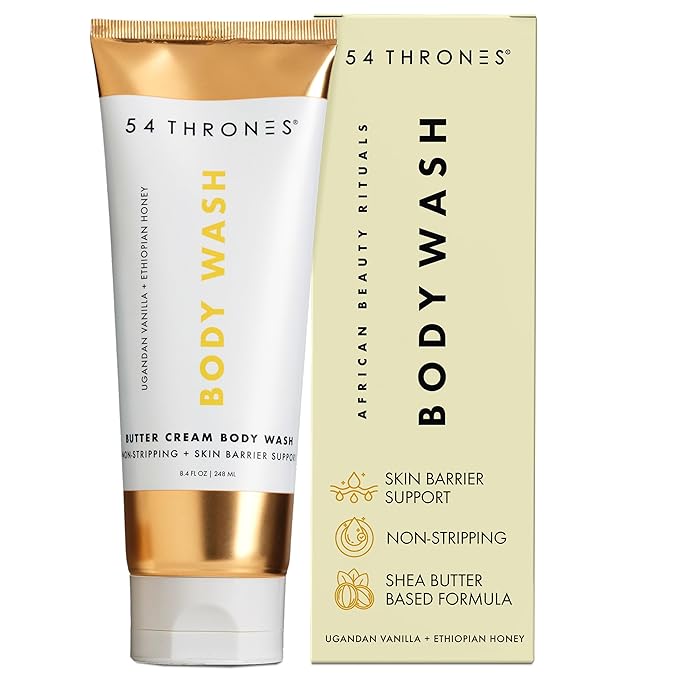 54 Thrones Non-Stripping Butter Cream Body Wash, Shea Butter Body Wash, Exfoliating & Moisturizing Liquid Soap, Ugandan Vanilla + Ethiopian Honey
