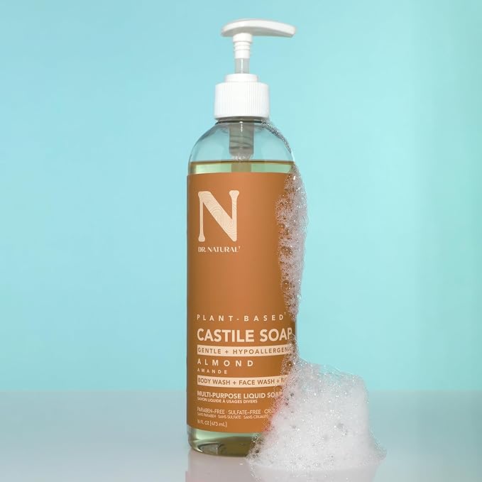 Dr. Natural Castile Liquid Soap - Multi-Use Body Wash, Shampoo and Face Wash - Hydrating Body Soap for Skin, Hair, Pets and Home - Almond - 16 oz