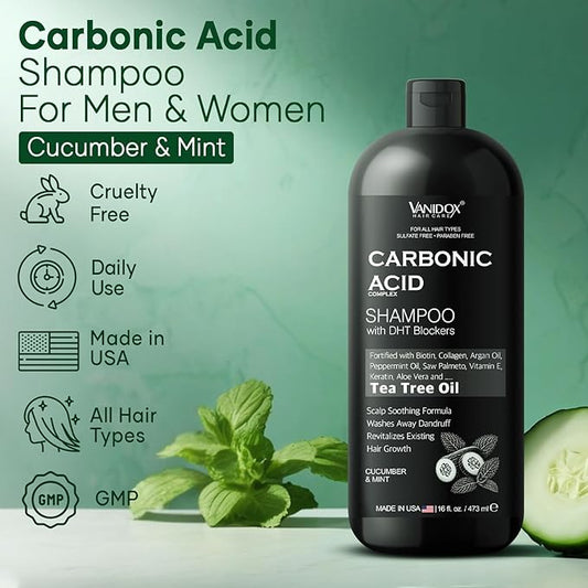 Carbonic Acid Shampoo for Men and Women with DHT Blockers - Made in USA - Stimulates Hair Growth, Scalp Exfoliator, Sulfate Free Shampoo with Biotin and Tea Tree Oil (16 Fl Oz)