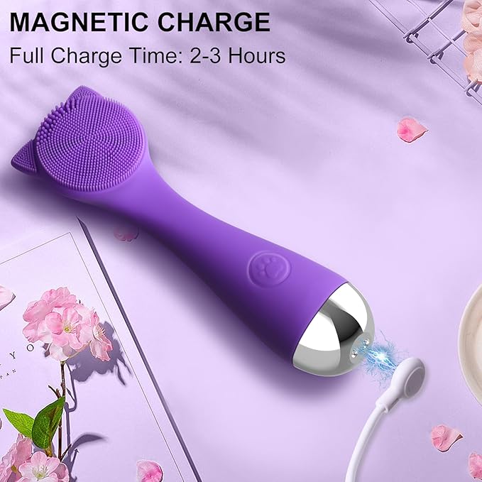 Facial Cleansing Brush, Silicone Face Scrubber Exfoliator for Men & Women, Electric Facial Brush Waterproof, with 3 Speeds Adjustable for Deep Cleaning, Removing Blackhead, Face Massaging (Purple)