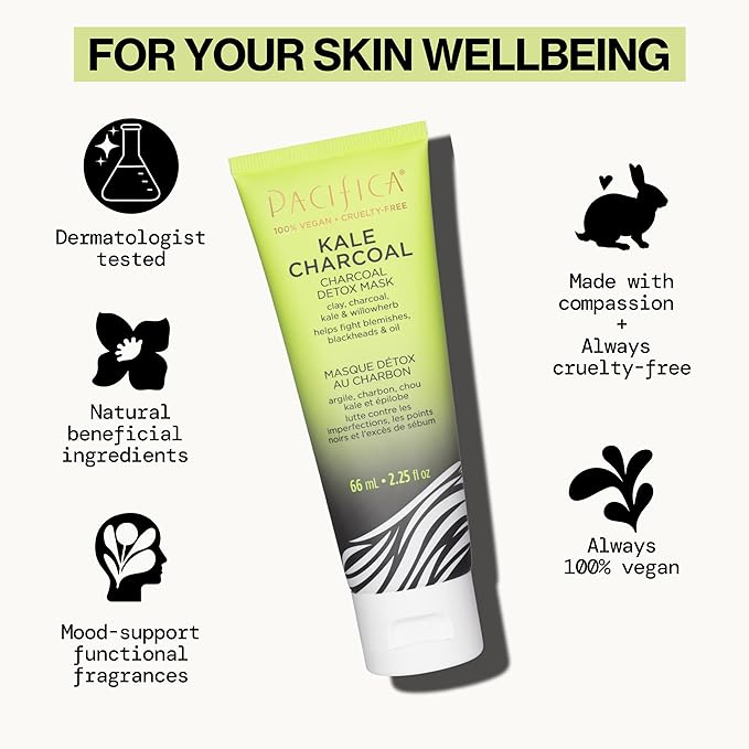 Pacifica Kale Charcoal Ultimate Detox Face Mask, Deep Pore Cleansing Clay Mask for Acne, Blackhead Removal, Blemish Control, Vegan, Purifying & Oil Control Vegan Facial Mask, 2.25 Fl Oz