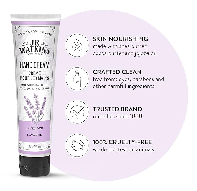 J.R. Watkins Natural Moisturizing Hand Cream, Hydrating Hand Moisturizer with Shea Butter, Cocoa Butter, and Avocado Oil, USA Made and Cruelty Free, 3.3oz, Lavender, Single