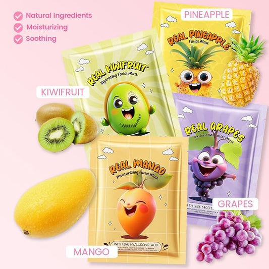 evpct 8 Pack Fruit Kids Face Masks for Kids Girls Spa, Girls Kids Facial Spa Day Slumber Sleepover Birthday Party Favors Supplies Kit for Girl, Kid Friendly Facial Face Masks Bulk Skincare for Kid, 02
