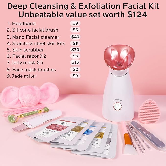 Colorfarm Facial Steamer Nano Ionic: Face Steamer Home Spa Kit Deep Cleaning Unclogs Pores Sinuses Inhaler with 8 Skin Care Tools - Self Care Gifts for Women (Deep Cleansing Facial Kit)