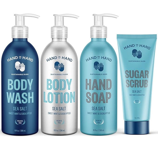 Hand in Hand Body Wash, Body Lotion, Liquid Hand Soap, and Sugar Scrub Combo Pack, Sweet Mint & Eucalyptus, Sea Salt Scent