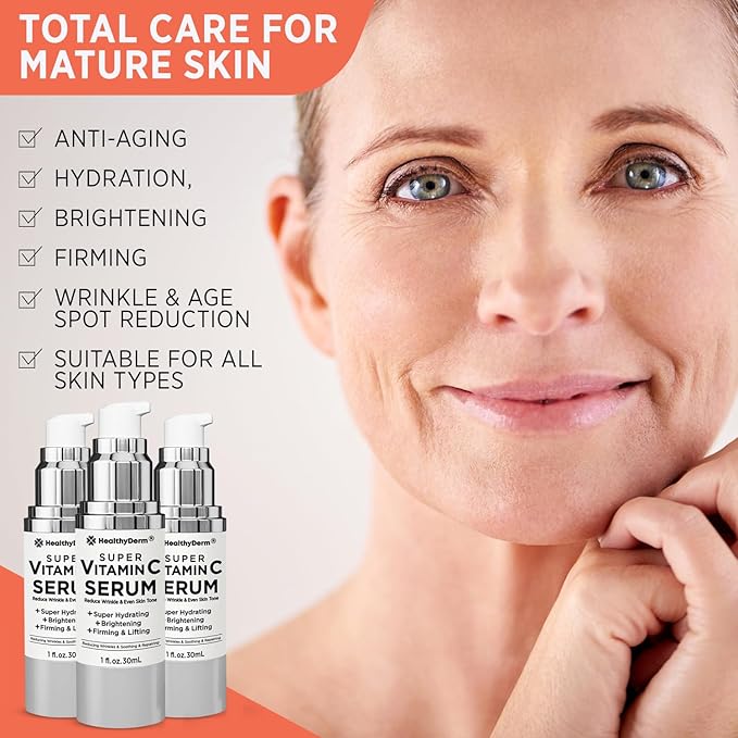 Super Vitamin C Serum for Women Over 70: Niacinamide, Vitamin C, Hyaluronic Acid, Peptides, Vitamin E, Caffeine, Bakuchiol, Hydrating, Lifting, Wrinkle & Age Spots Reduction Pack of 3