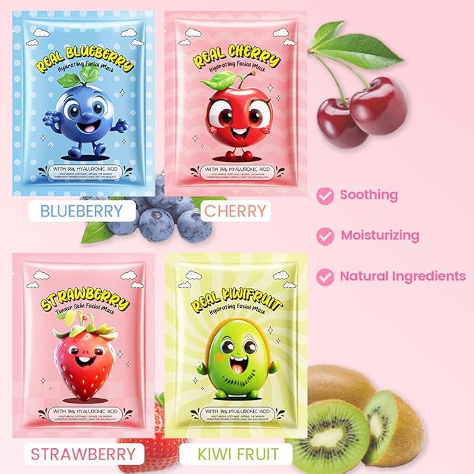 Kaely 12 Pack Fruit Face Masks for Kids, Kids Face Mask Spa Day Kit Supplies, Spa Party Favors for Teens Girls Women, Sheet Facial Mask Skincare Gifts Set, Moisturize Soothe for All Skin Types, 01