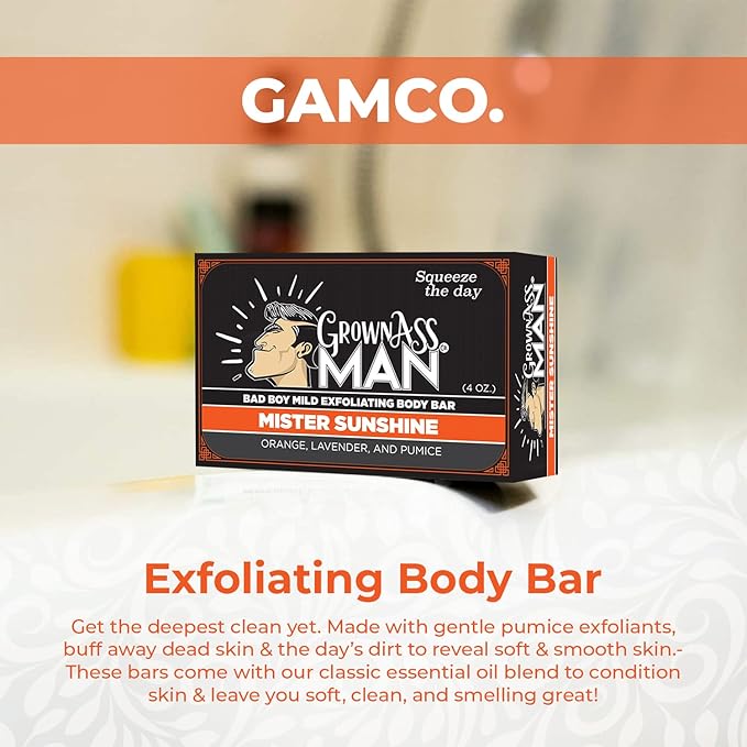 Grown Ass Man Co. Exfoliating Body Bars - Solid Soap with Natural Oils & Gentle Scrub - Plastic Free & Eco-Friendly, Natural & Organic for All Skin, 4oz Bar - Mister Sunshine - Mild Exfoliant, 6-Pack