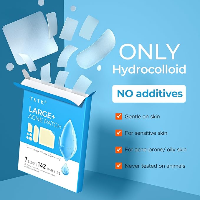 Large Acne Patches for Face, 7 Sizes Big Pimple Patches, XL Hydrocolloid Bandages for Body, Chin, Forehead, Nose, Back Blemish Zit Breakouts, Hydrocolloid Patch (Square, Strip, Dot 142 Count)