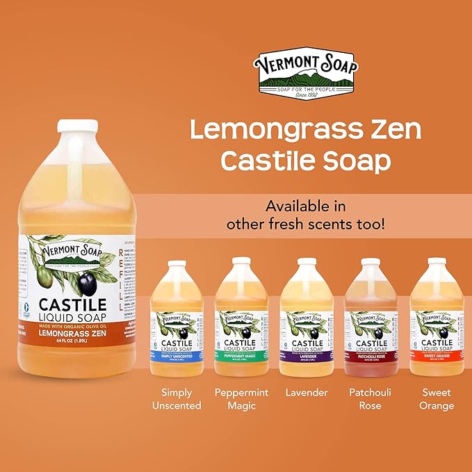 Vermont Castile Lemongrass Zen Soap, Gentle Liquid Soap for Sensitive Skin & Natural Body Wash, Organic Hair Shampoo for Oily Hair, Aloe Castile Soap for Men & Women - 64 Oz