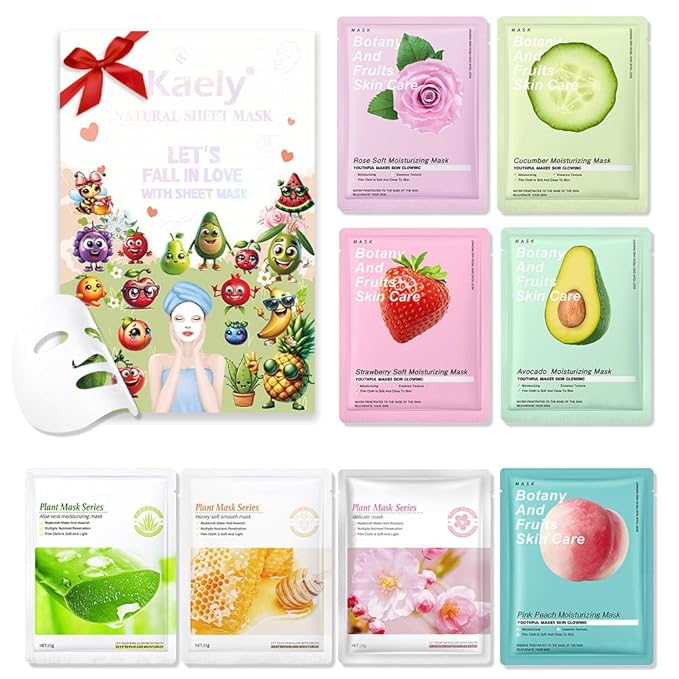 8 Pack Plants Fruits Face Sheet Mask Skincare,Hydrating Face Mask For Sensitive Skin,Moisturize,Soothing,Nourish for All Skin Types,Natural Spa Party Facial Mask Skincare Set for Women Men Girls