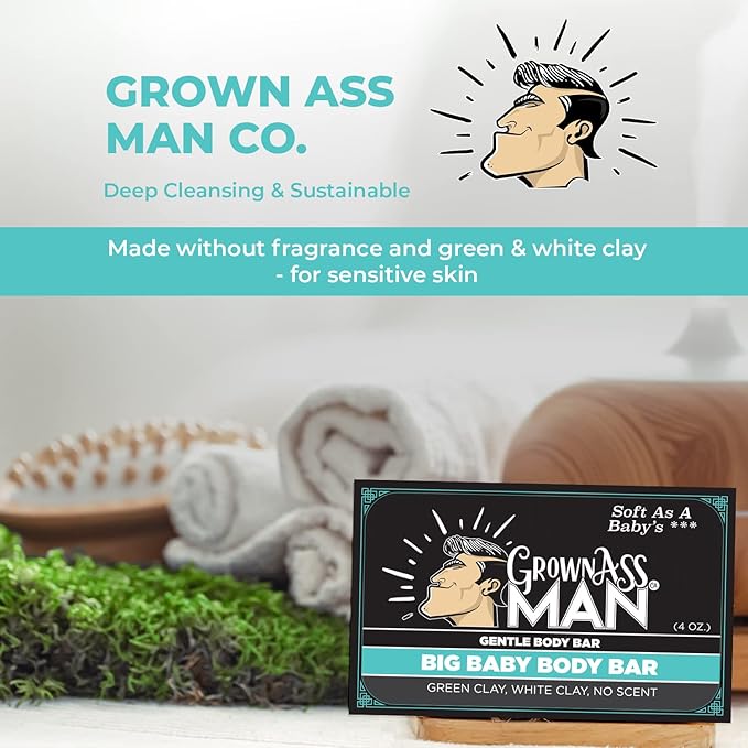 Grown Ass Man Co. Body Bars - Solid Soap with Natural Oils & Soothing Clay - Plastic Free & Eco-Friendly, Natural & Organic for All Skin Types, 4oz Bar - Big Baby, 6-Pack