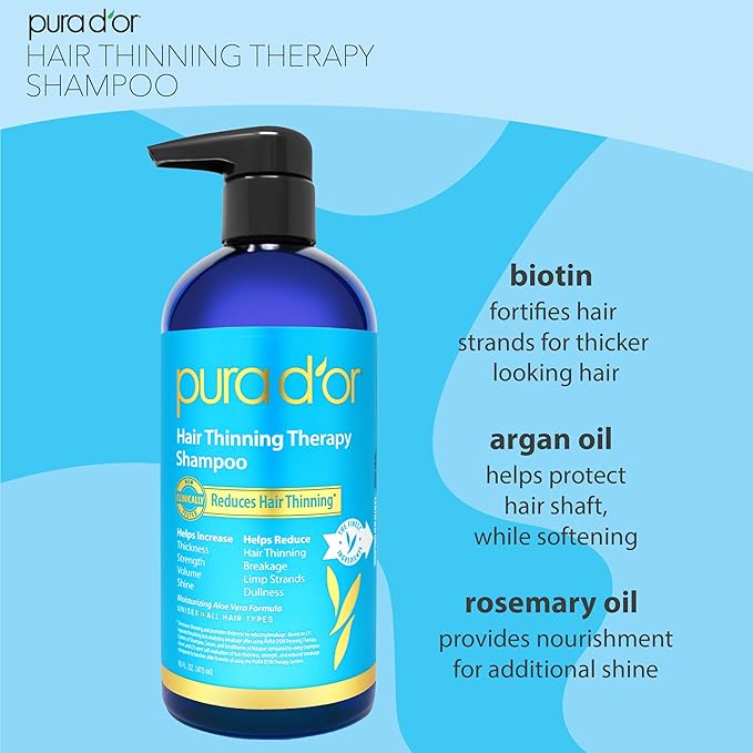 PURA D'OR Hair Thinning Therapy Biotin Shampoo and Conditioner Set, CLINICALLY TESTED Effective Results, Hair Thickening Products For Women & Men, Natural Routine, Color Safe, 16oz x2