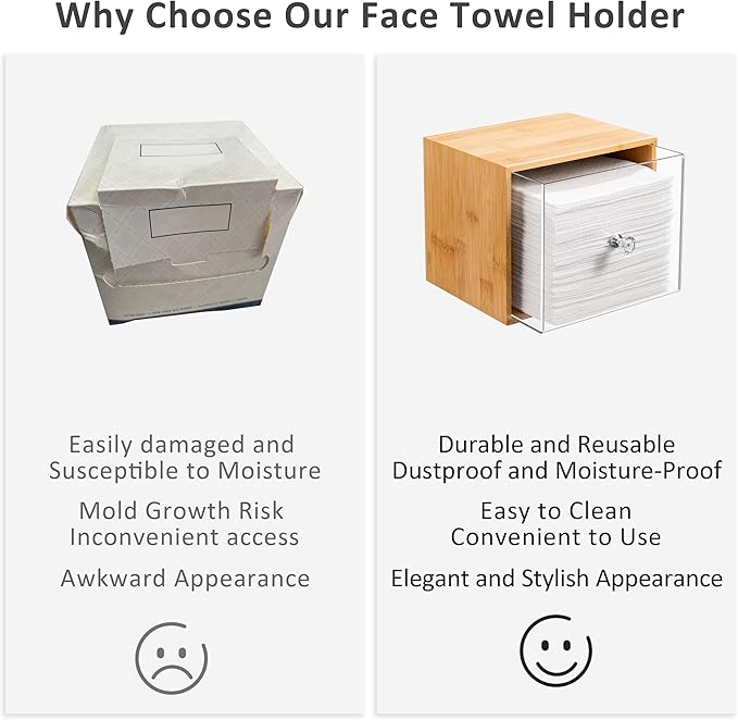 HBlife Bamboo Disposable Face Towel Holder Compatible with Clean Skin Club Face Towel XL, Wall-Mounted Acrylic Storage Box with Drawer for Makeup Remover Wipes for Vanity and Bathroom
