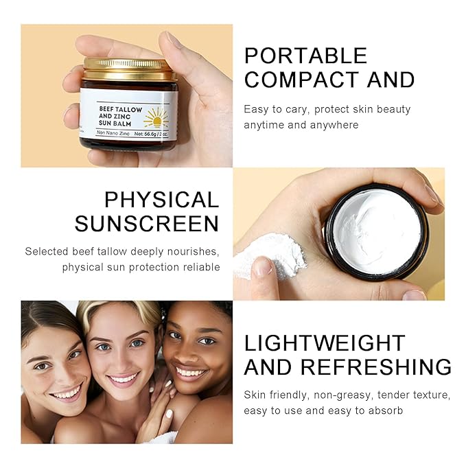 Beef Tallow and Zinc Sun Balm - Beef Tallow for Skin Instant Sun Protection, Beef Tallow Sunscreen for Face and Body Non Greasy Formula, Beef Tallow Moisturizer Daily Use for Deep Moisturizing 2 Oz