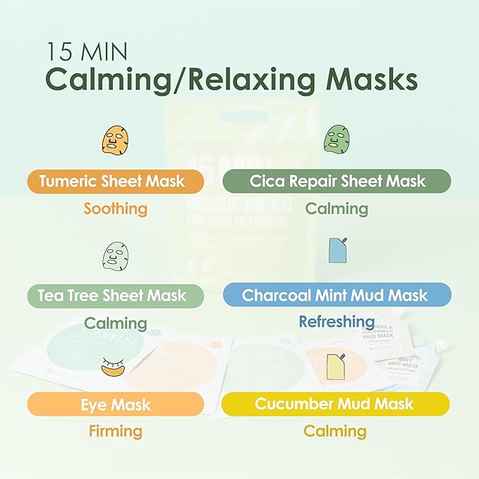 15 Min Rescue Me Kit by Naisture – Korean Spa and Skincare Kit for Women with Cica, Turmeric, and Tea Tree Sheet Masks, Eye Mask, Calendula Cucumber Mask, and Charcoal Mint Mud Mask for Redness Repair