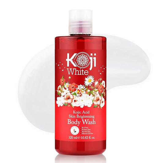 Koji White Kojic Acid Skin Brightening Body Wash - Daily Moisturizing Cleanser, Uneven Skin Tone with Flower Acid Extracts, Hyaluronic Acid, Vitamin E & B5, Vegan Body Wash, 10.82 Fl oz