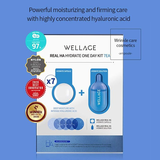WELLAGE Real Hyaluronic Acid Hydrate One Day Kit Serum 7ea, Korean Beauty Secret Ampoule, High Concentration HA Ceramide 8 Herbal Extracts for Firming and Moisturizing Special Day Care